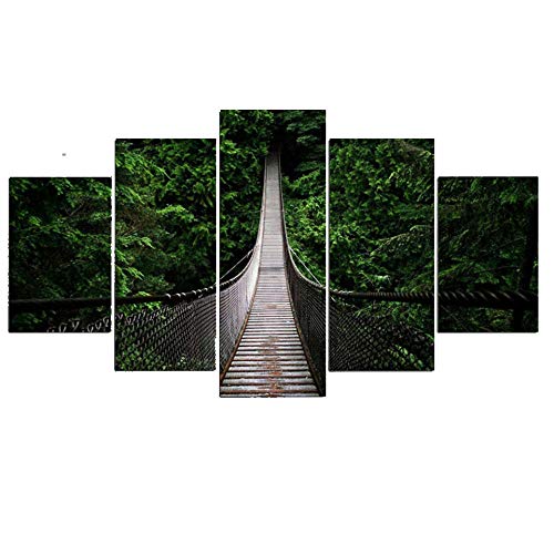 YANCONG Vlies Leinwandbild 5 Teilig Wald Canyon Hängebrücke Landschaft Kunstdruck Modern Wandbilder Wanddekoration Design Wand Bild 150X80Cm von YANCONG