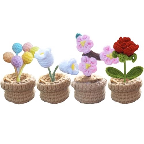 YANGSHINE 4 Stück Mini-Topfblumen, handgefertigt, gehäkelt, gestrickte Rose, Pfirsichblüten, Maiglöckchen, Ballonblume für Zuhause, Büro, Auto, Armaturenbrett, Dekoration, Farbe #12 von YANGSHINE