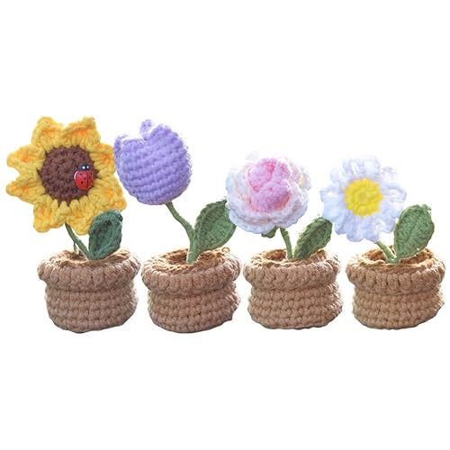 YANGSHINE Künstliche Mini-Topfblumen, handgefertigt, gehäkelt, gestrickt, Sonnenblumen, Tulpen, Gänseblümchen, Rose, Blume für Zuhause, Büro, Auto, Armaturenbrett, Dekoration, Farbe #11, 4 Stück von YANGSHINE