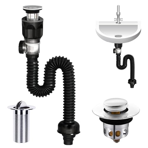 YANGUN Abflussrohr-Kit für Waschbecken Abfluss, Siphon mit Ablaufgarnitur, Flexibler Ablaufschlauch Spüle und Pop-Up-Filter Abflussstopfen, Siphon Waschbecken Set, 295–985 mm Erweitert Werden Können von YANGUN