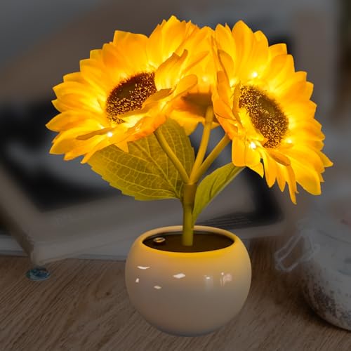 YATOSEEN Sonnenblumen Lampe, Sonnenblume mit Licht Schreibtisch Lampe, Blumen Ornamente, LED Simulation Sonnenblumen Nachtlicht mit Keramikvase, für Zuhause Wohnzimmer Desktop Dekoration von YATOSEEN