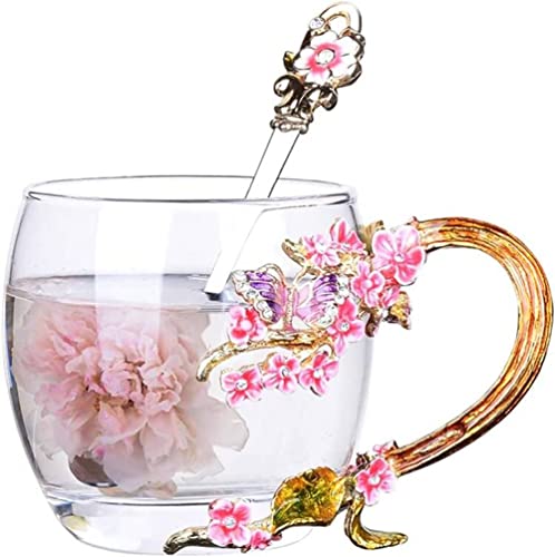 YBK Tech Creative Flower Glasbecher in Geschenkbox, violetter Schmetterling und Pflaumenblüte, klein, 320 ml von YBKTEX