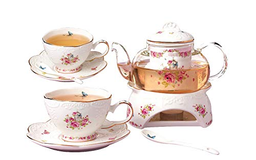 YBK Tech Tee-Set für 2, Knochenporzellan Kaffeekanne, Teekanne und Untertasse, Set mit Stövchen und Tee-Ei, Blumenmuster (Muster II) von YBKTEX