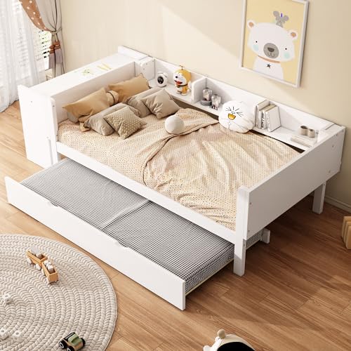 YESGIGA 90x200cm, Flachbett, mit ausziehbarem Bett, mit Schreibtisch, DREI Regale an der Seite des Bettes (Weiß) von YESGIGA