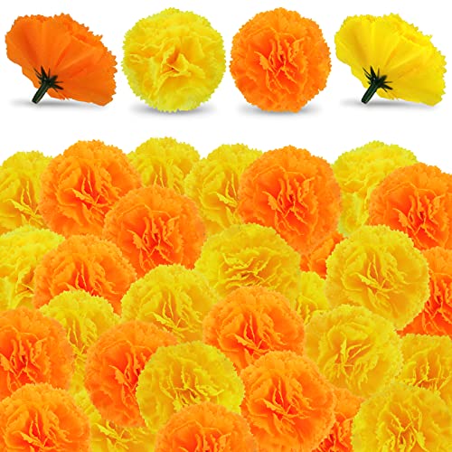 Künstliche Ringelblumenblumen - 50 Stück Halloween-Dekoration Orange Ringelblumenkopf Seide Gefälschtes Papier Blumen Girlande Dia de Los Muertos Dekor für Festival Hintergrund (25 Gelb + 25 Orange) von YESKY