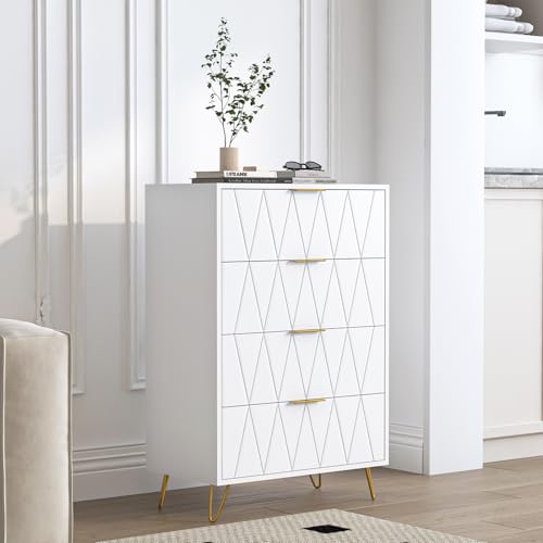 Komodenschrank Mit 4 Schubladen, Kommode Weiß Aus Holz Mit Metallfüße Und Metallgriff, Schmal Kommode Flur, Beistellschrank, Schubladenschrank Für Wohnzimmer,Schlafzimmer,Flur (Weiß, 4 Schubladen-A) Komodenschrank Mit 4 Schubladen, Kommode Weiß Aus Holz Mit Metallfüße Und Metallgriff, Schmal Kommode Flur, Beistellschrank, Schubladenschrank Für Wohnzimmer,Schlafzimmer,Flur (Weiß, 4 Schubladen-A) von YGHQAP