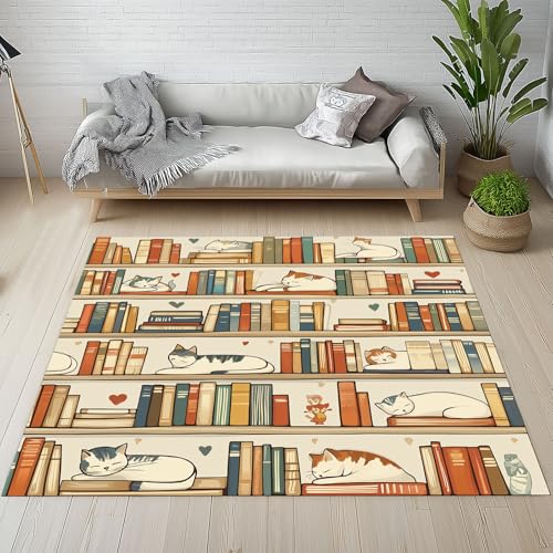 Bücherregal Katze Teppich 120 X 170 cm, Karikatur Katzenmotiv Teppich Waschbar Rutschfest Kurzflor Weich, Haustier Katzenliebhabe Teppiche für Schlafzimmer, Wohnzimmer, Esszimmer, Kinderzimmer Bücherregal Katze Teppich 120 X 170 cm, Karikatur Katzenmotiv Teppich Waschbar Rutschfest Kurzflor Weich, Haustier Katzenliebhabe Teppiche für Schlafzimmer, Wohnzimmer, Esszimmer, Kinderzimmer von YGcegcia