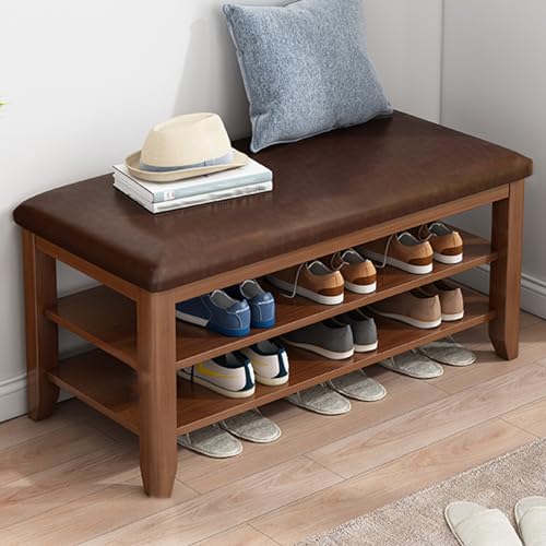 YHWKGZ Schuhaufbewahrungsbank, Schuhbank aus Massivholz, Offene Aufbewahrung, Weiches Kissen for Sitzen, Platzsparender Schuhschrank, 2 Schichten/3 Schichten optional(Color:Walnut color,Size:39.3"/100 von YHWKGZ