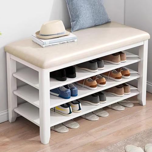 YHWKGZ Schuhaufbewahrungsbank, Schuhbank aus Massivholz, Offene Aufbewahrung, Weiches Kissen for Sitzen, Platzsparender Schuhschrank, 2 Schichten/3 Schichten optional(Color:Wit,Size:31.4x20.4/80x52cm von YHWKGZ