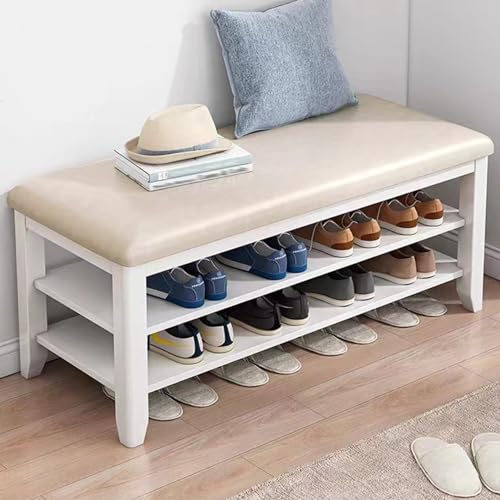 YHWKGZ Schuhaufbewahrungsbank, Schuhbank aus Massivholz, Offene Aufbewahrung, Weiches Kissen for Sitzen, Platzsparender Schuhschrank, 2 Schichten/3 Schichten optional(Color:Wit,Size:39.3"/100cm) von YHWKGZ