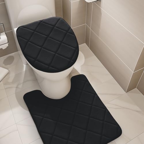 YIHOUSE Memory Foam Badezimmerteppich-Set, ultraweiche Badematten für Badezimmerboden, 2er-Set, WC-Deckelbezug-Set mit U-förmigem WC-Vorleger für Badezimmer, Dusche, Schwarz von YIHOUSE