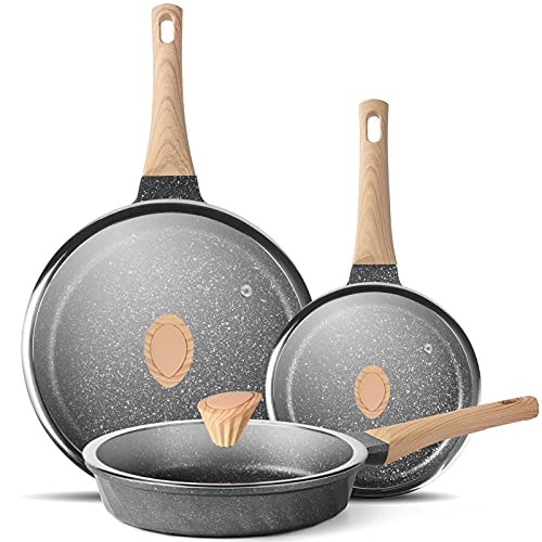 YIIFEEO Antihaft-Bratpfannen-Set, Steinpfannen-Set, Omelette-Pfannen-Kochgeschirr-Set, Induktions-Bratpfanne mit 3 Deckeln (20,3 cm, 24,1 cm und 27,9 cm) von YIIFEEO