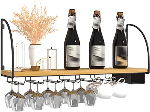 YIMAIZYY Wandmontierte Weinregale mit Holzregal, Weinflaschen- und Weinglashalter aus Eisenkunst, Organizer für Stielgläser, natürliche Heimdekoration von YIMAIZYY