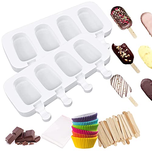 YINVA Eisformen Silikon, Eis Am Stiel formen, 2 Stück 4 Zellen Silikon EIS am Stiel Formen, 50 Holzstielen, 50 selbstklebende Beutel, Kuchenform Dessertform DIY Frozen Dessert für Erwachsene von YINVA