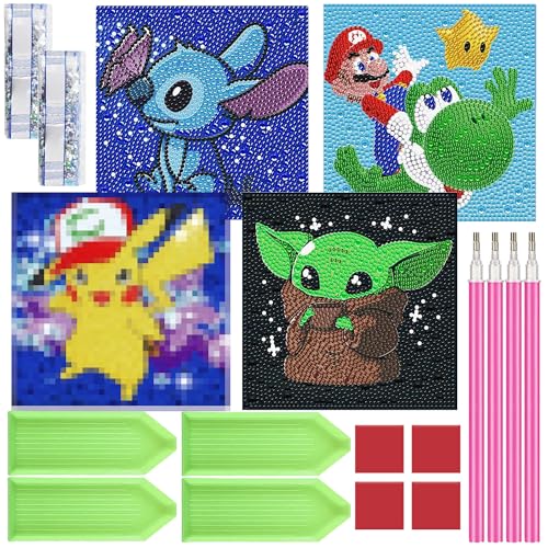 YISKY Diamant Painting Bilder Set, 4 Stück Diamond Painting set, Cartoon Theme Diamant Malerei Kits, Diamond Painting Kinder, Cartoon Diamant Painting, Diamantmalerei Set für Erwachsene Kinder von YISKY