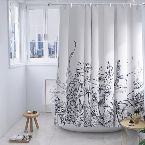 YISURE Duschvorhänge Blumen Pflanzen Schwarz mit Gewicht 180x200, Natur floraler Duschvorhang badewanne Textil waschbar für Badzimmer, Breite 180 x Höhe 200cm von YISURE