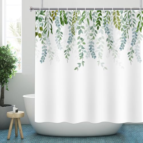 YISURE Duschvorhang mit Gewicht Grüne Blätter Eukalyptus, Natur Landschaft Plants Duschvorhänge badewanne Stoff waschbar mit duschvorhang Gewichte, Breite 180 x Höhe 180cm von YISURE