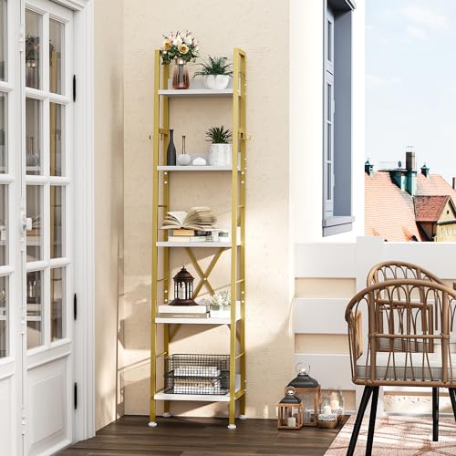 YITAHOME Bücherregal mit 5 Ebenen, industrielles Leiterregal, freistehendes Bücherregal, Holzregale und Metallrahmen, Bücherregal, modernes Regal für Wohnzimmer, Flur, Büro, Goldenes Bücherregal von YITAHOME