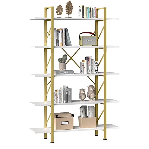 YITAHOME Bücherregal mit 5 Etagen, Standregal Metall-Bücherregal 120x30x180cm, Moderne Offene Bücherregale, Bücherregal weiß für Büro, Wohnzimmer, Schlafzimmer, Golden und Weiß von YITAHOME