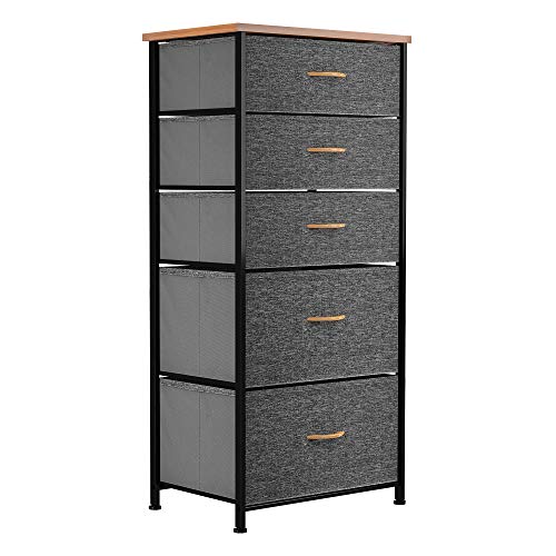 YITAHOME kommode Schmal, Schrank mit 5 Schubladen aus Stoff, Aufbewahrungskommode Industrial Stil für Schlafzimmer, Wohnzimmer, Kinderzimmer, Flur, Dunkelgrau Aufbewahrungsschrank von YITAHOME