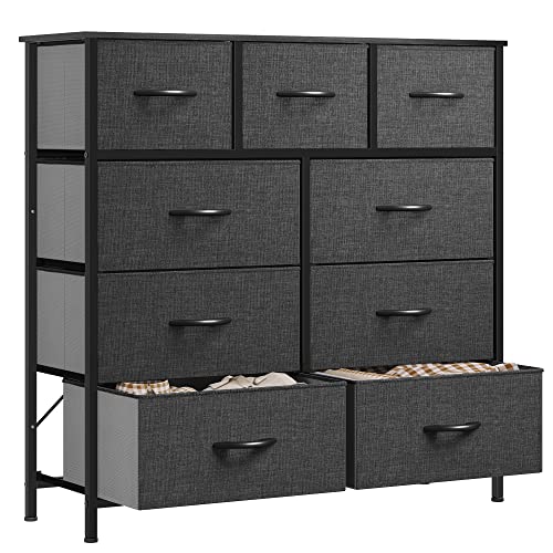 YITAHOME kommode mit Schubladen, Schrank mit 9 Schubladen aus Stoff, Aufbewahrungskommode Industrial Stil für Schlafzimmer, Wohnzimmer, Kinderzimmer, Flur, Aufbewahrungsschrank, Schwarzgrau von YITAHOME