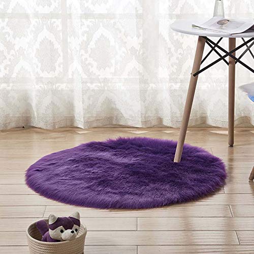 YIWOYI Runder weicher Kunstfell-Teppich, zotteliger seidiger Plüschteppich, weißer Kunstfell-Teppich, Bettvorleger, Wohnzimmer, groß (lila, 60 cm) von YIWOYI