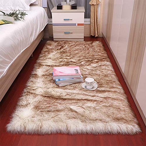 YIWOYI Schlafzimmerteppich, flauschiger Teppich und Tapete, weiches Schaffell-Teppich, Wohnzimmer, Schlafzimmer, weißer Kunstfell-Teppich (weiß-braune Spitze, 60 x 120 cm) von YIWOYI