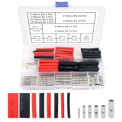 YIXISI 190 Stücke 6 Typen Nicht isolierte Butt Connectors kit, Zylindrischen Stoßverbinder, Kabel Ferrule Kabel Crimp Terminal, mit Schrumpfschlauch von YIXISI