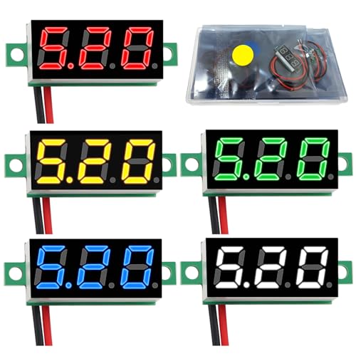 YIXISI 5 Stück 0.28 Zoll Mini Digital Voltmeter, Messbereich DC 2.4V-30V Zwei-Draht Spannungsprüfer, Verpolungsschutz und Genaue Druckmessung (Rot, Gelb, Grün, Blau, Weiß) von YIXISI