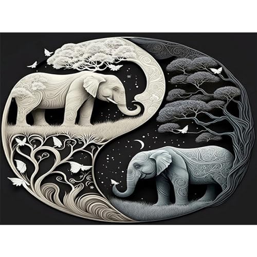 YIYUE Diamond Painting Kits Bilder für Erwachsene, Elefant Blume Mond DIY Diamant Malerei Painting Bilder Set, 5D Diamond Art Full Runder Malen Nach Zahlen Erwachsene Set (35x45cm), Nr. 3 von YIYUE