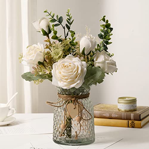 YJ Künstliche Blumen mit Vase, Seidenrosen, künstliche Blumen in Vase, Kunstblumen-Arrangement mit Vase, geeignet für Heimbüro-Dekoration, Esstischdekoration (weiß) von YJ