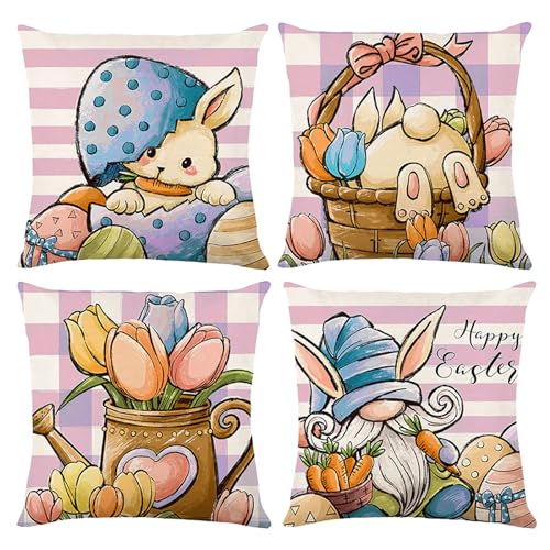 YLLQXI 4 Stück Kissenbezug Ostern Ostern Kissenbezüge Osterdeko Leinen Kissenhülle Osterkissen Hase Kissen Ostern Deko Kissenbezug Ostern Hase Sofa Kissen Ostern Kissenbezug 45x45cm Frühlingsdeko8 von YLLQXI