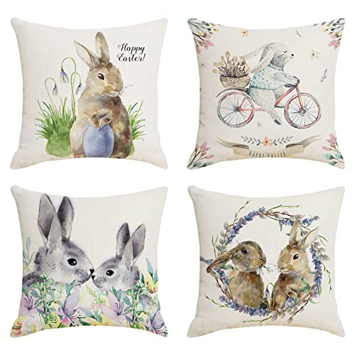 YLLQXI 4 Stück Kissenbezug Ostern Ostern Kissenbezüge Osterdeko Leinen Kissenhülle Osterkissen Hase Kissen Ostern Deko Kissenbezug Ostern Hase Sofa Kissen Ostern Kissenbezug 45x45cm Frühlingsdeko2 von YLLQXI