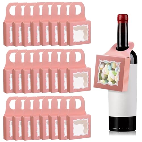 25 Stück Kraftpapier-Weinflaschenbox mit Herzförmigem Fenster, Faltbare Weinflaschen-Hänge-Geschenkbox für Hochzeitsfeier, Zeremonie, Snack, Schokolade, Kekse(Rosa) von YLSZHY