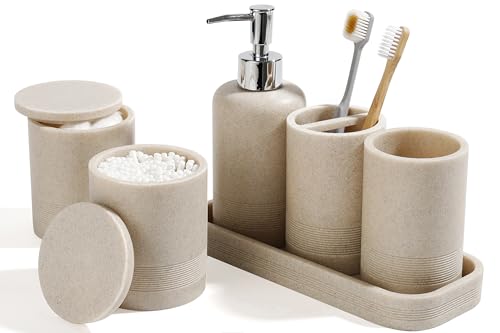 YMXYJM Badezimmer-Zubehör-Set, 6-teiliges Badezimmer-Set mit Zahnbürstenhaltern, Seifenspender, Waschtisch-Tablett, Becher, Wattestäbchen-Gläsern, Badezimmer-Organizer für moderne Badezimmer - Beige von YMXYJM