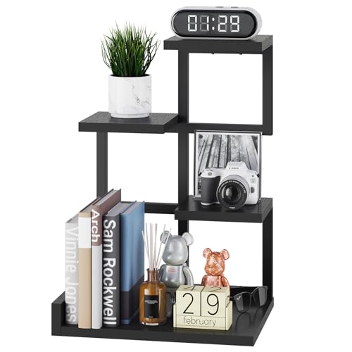 YMYNY Holz Schreibtisch Regal, 4-Tier Speicher Display Rack, Schreibtisch Regal Organizer Kleines Bücherregal mit Metallrahmen für Bücher, Pflanzen, 31 x 24 x 44.5cm, Schwarz HSR007B von YMYNY