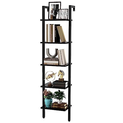 YMYNY Leiterregal mit 5 Ebenen, Bücherregal, DIY Standregal, Regal aus Holz, Metallrahmen, Wandmontage, für Bücher, Dekoration, Pflantzen, für Wohnzimmer, Büro, Balkon, Schwarz HBC015B von YMYNY