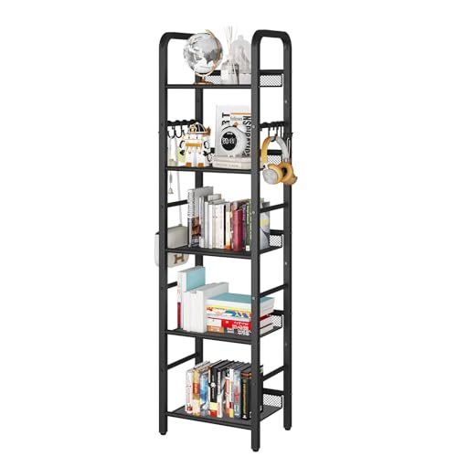 YMYNY Standregal, Bücherregal, Lagerregal mit 5 Ebenen, 8 Stück S Haken, Metallrahmen, freistehend, minimalistischer Stil, Organiser für Wohnzimmer, Home Office, Schlafzimmer, Schwarz HBC055B von YMYNY