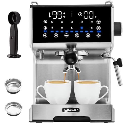 YOER Barisso EM03S, Druck-Kaffeemaschine, Siebträger, 20 bar, 1350W, Milchaufschäumer, automatische Programme, Temperaturregelung, Kaffeemengenregulierung, Tassenwärmer, silber von YOER