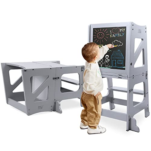 YOLEO 2in1 Lernturm Kinder Tritthocker Lernstuhl Kinderhocker Faltbarer Kinderschemel für Baby,mit doppelseitiger magnetischer Tafel,Umweltschutz,Küchen-/Badezimmerhelfer (Grau) von YOLEO