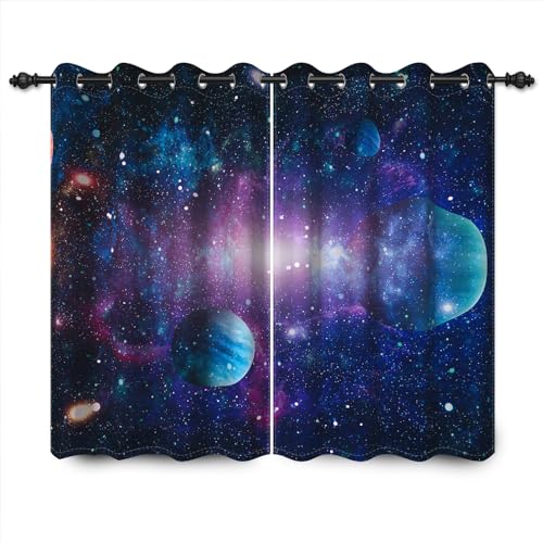 YONGFOTO 117x138cm Platz Gardinen für Jungenzimmer Großer Planet Heller Fleck Fantasie Galaxis Platz Verdunkelungsvorhänge für Themenspielzimmer Privattheaterraum, 2 Bahnen Vorhänge von YONGFOTO