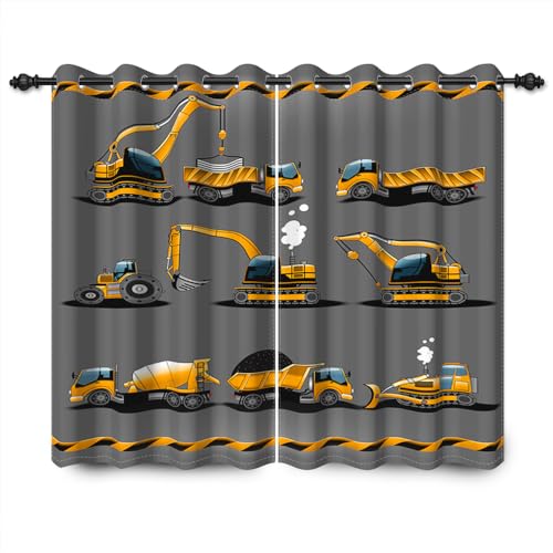 YONGFOTO 117x183cm Bauwagen Verdunkelungsvorhänge Cartoon Bagger Gelb Kinder Maschinen Auto Schwarz für Wohnzimmer Kinderzimmer Fenstervorhänge, 2 Panel Home Set mit Löchern von YONGFOTO