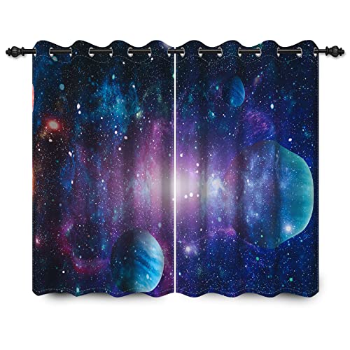 YONGFOTO 117x183cm Platz Gardinen für Jungenzimmer Großer Planet Heller Fleck Fantasie Galaxis Platz Verdunkelungsvorhänge für Themenspielzimmer Privattheaterraum, 2 Bahnen Vorhänge von YONGFOTO