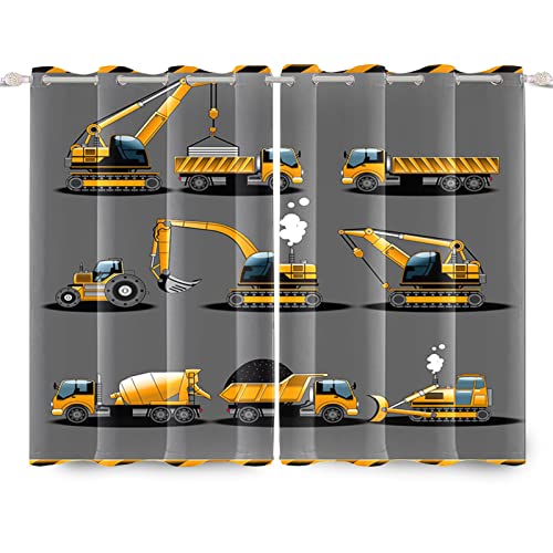 YONGFOTO 117x229cm Bauwagen Verdunkelungsvorhänge Cartoon Bagger Gelb Kinder Maschinen Auto Schwarz für Wohnzimmer Kinderzimmer Fenstervorhänge, 2 Panel Home Set mit Löchern von YONGFOTO