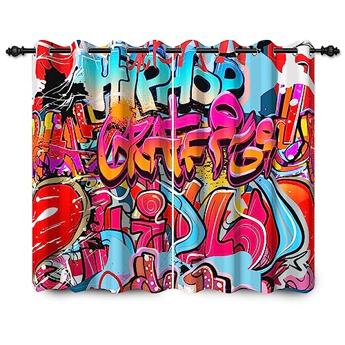 YONGFOTO 117x229cm Graffiti Blackout Vorhänge Kreative Hip Hop Graffiti Schrift Kultur Art Fashion Beliebtes Trendmuster für Wohnzimmer Schlafzimmer Fenstervorhänge, 2 Panels Home Set mit Löchern von YONGFOTO