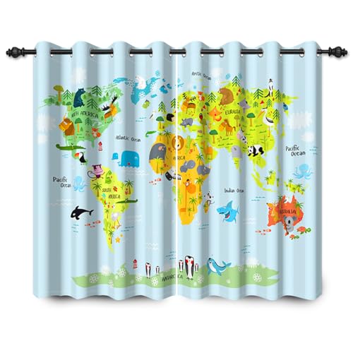 YONGFOTO 117x138cm Cartoon Karte Verdunkelungsvorhänge Global Ocean Niedliche Wahrzeichen der Tierwelt Babyblaue Karten für Wohnzimmer Kinderzimmer Fenstervorhänge, 2 Panel Home Set mit Löchern von YONGFOTO