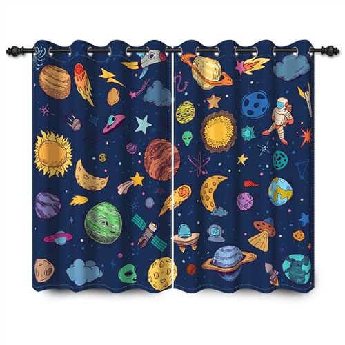 YONGFOTO 117x138cm Cartoon Muster Verdunkelungsvorhänge Astronaut Rakete Sterne Kosmische Galaxie Planeten Sonnensystem für Wohnzimmer Kinderzimmer Fenstervorhänge, 2 Panel Home Set mit Löchern von YONGFOTO