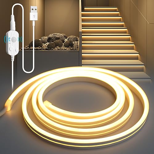 YOODI LED Band mit Bewegungsmelder, 5M Warmes Licht LED Strip Flexible PVC Schneidbare, Treppenstufenbeleuchtung mit 3 Modi, Sensor Streifen mit Timing-Funktion für Küche Schlafzimmer Schrank von YOODI