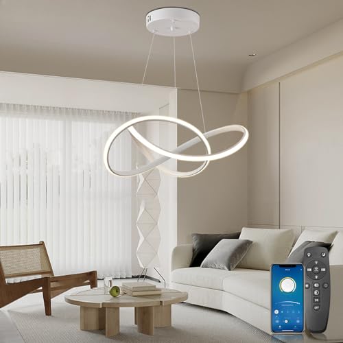 YOODI Moderne LED Pendelleuchte Esstisch 48W, Dimmbar Hängeleuchte mit Fernbedienung, 3000K-6000K, Linear Design Pendellampe, Höhenverstellbar Pendelleuchten für Esszimmer, Wohnzimmer (Weiß) von YOODI