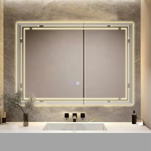 YOSHOOT Badspiegel mit LED Beleuchtung, 500 x 700 mm, Beleuchteter Wand-Badezimmerspiegel mit Dimmbarkeit und Anti-Beschlag-Pad für Hotel, Badezimmer (Linien) von YOSHOOT